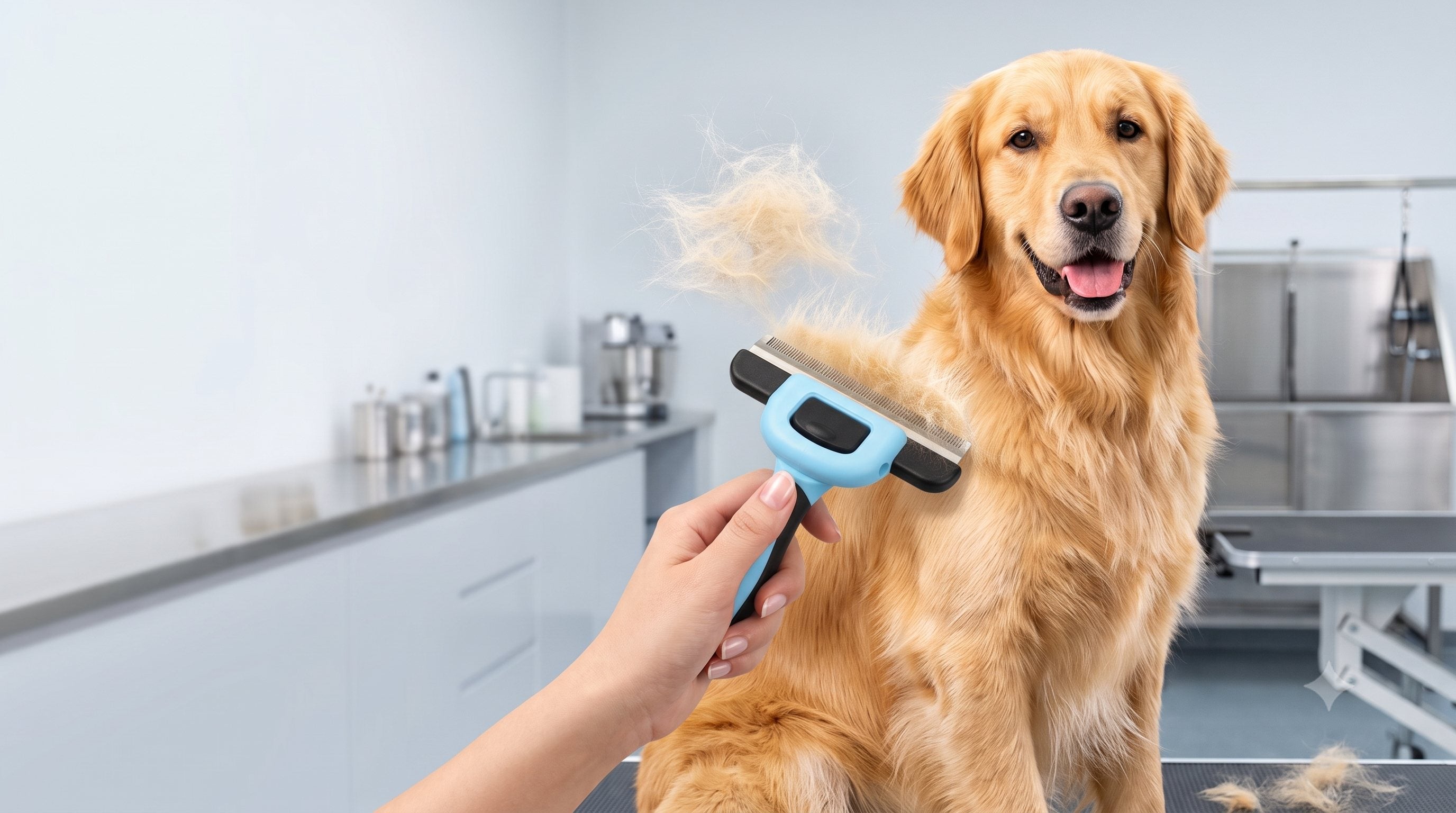 Safe deshedding tool for dogs in use on a golden retriever